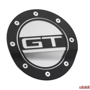Drake Comp Series Matte Black Fuel Door w/ Silver Accents & GT Logo Ford Mustang 2015-2022 - Image 1