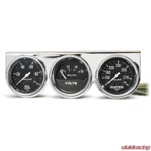 AutoMeter GAUGE CONSOLE; OILP/WTMP/VOLT; 2 5/8in.; 100PSI/280deg.F/16V; BLK DIAL; CHRME BZ - Image 1